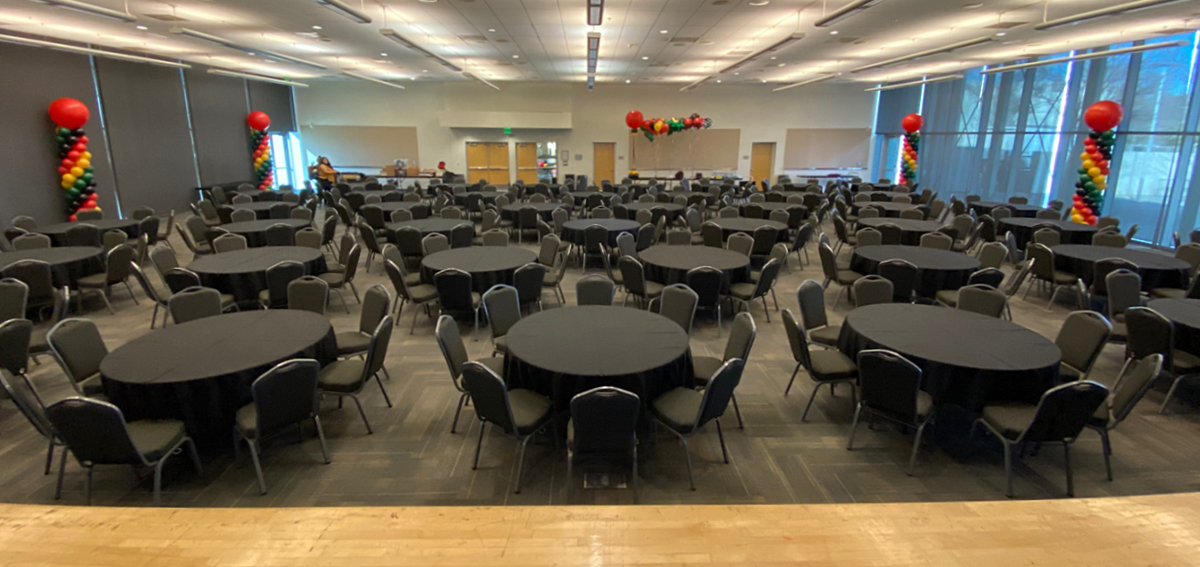 View out to the ball room from the stage.